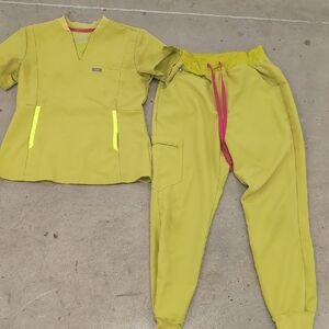 Figs Chartreuse Scrub Set with Pink Accents